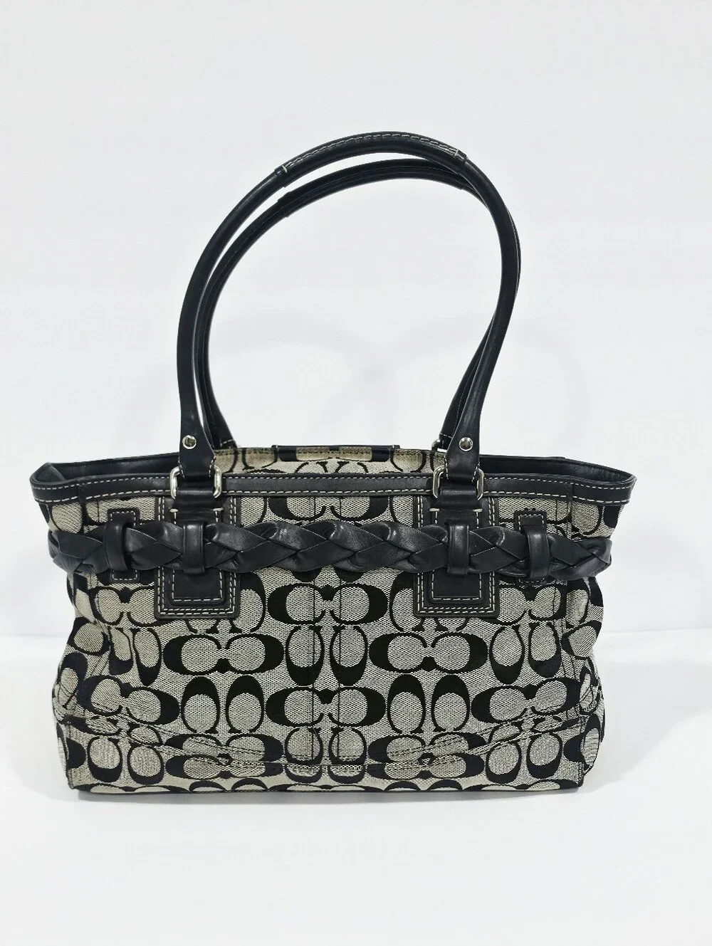 Coach Signature Jacquard Tote Bag Black Ivory Leather Trim F15665